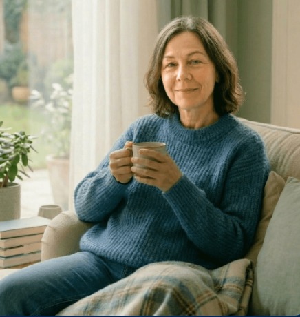 Une femme assise dans son fauteuil, une tasse à la main, pendant la conférence en ligne