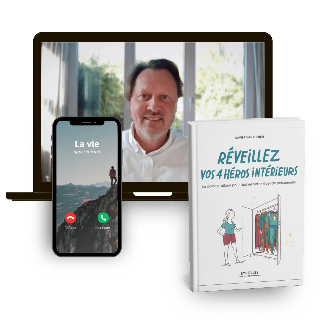 Visuel de présentation de la conférence interactive en ligne animée par Xavier Van Dieren, autour du livre Réveillez vos 4 héros intérieurs