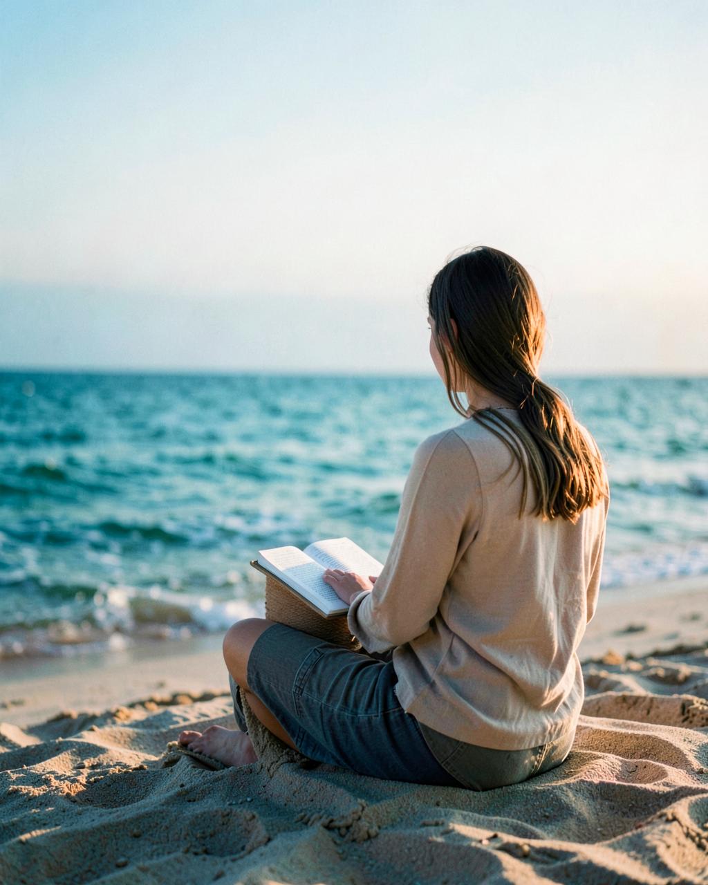 Une personne assise de dos sur la plage face à la mer au lever du jour, un carnet ouvert sur les genoux